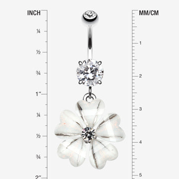 Detail View 1 of Shimmering Flower Heart Petal Sparkle Dangle Belly Ring-Clear Gem